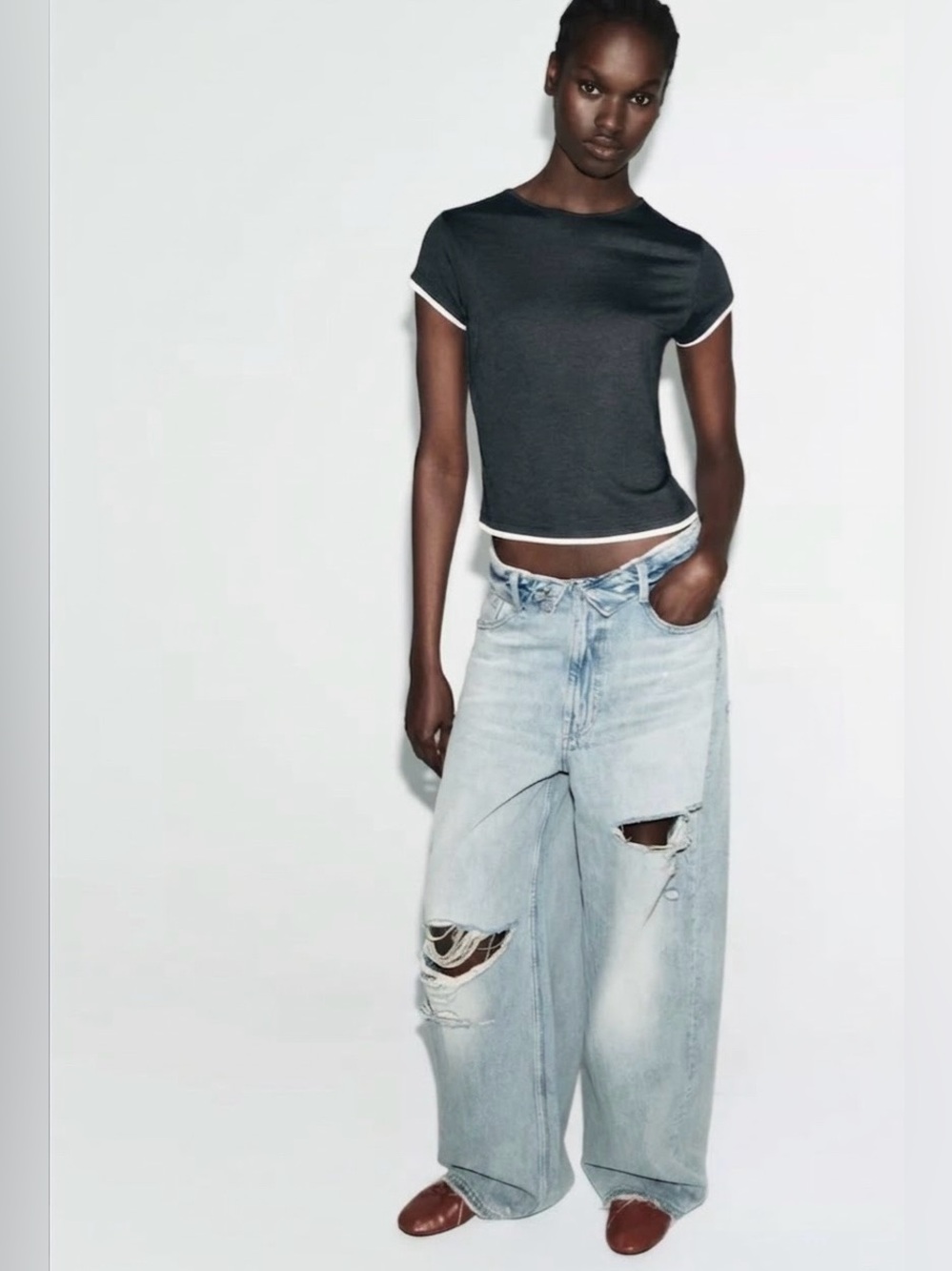 Zara Contrast Piping T-Shirt - Charcoal